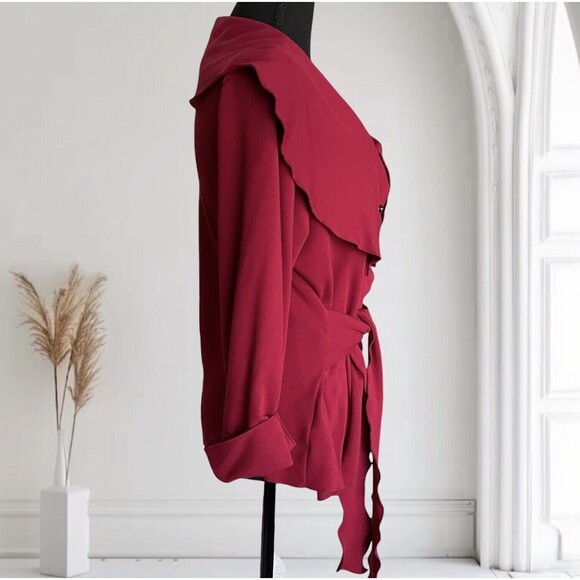 CHADWICKS COLLECTION Women’s Top Maroon Tie Belt Snap Front - Picture 3 of 9